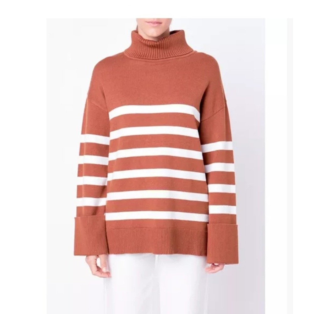 English Factory Brown White Striped Turtleneck Sweater Size M Wide Cuff Knit